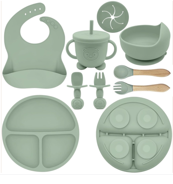 8-Delig Baby Servies Set (Siliconen) - Met Zuignapbord & Anti-Lek Beker | Vaatwasser- & Ovenbestendig | BPA-Vrij | Lichtgroen